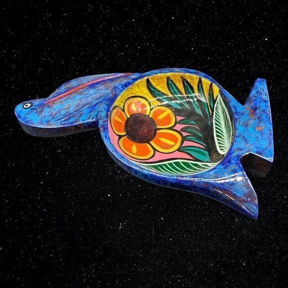 Mexican Folk Art Hand Painted Wood Animal Bird Trinket Dish Bowl  1”T 9.5”L - Picture 3 of 8